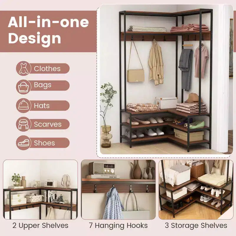 Costway Corner Garment Rack L-shaped Clothes Rack with Open Shelves & Adjustable Foot Pads Rustic Brown/Walnut/White