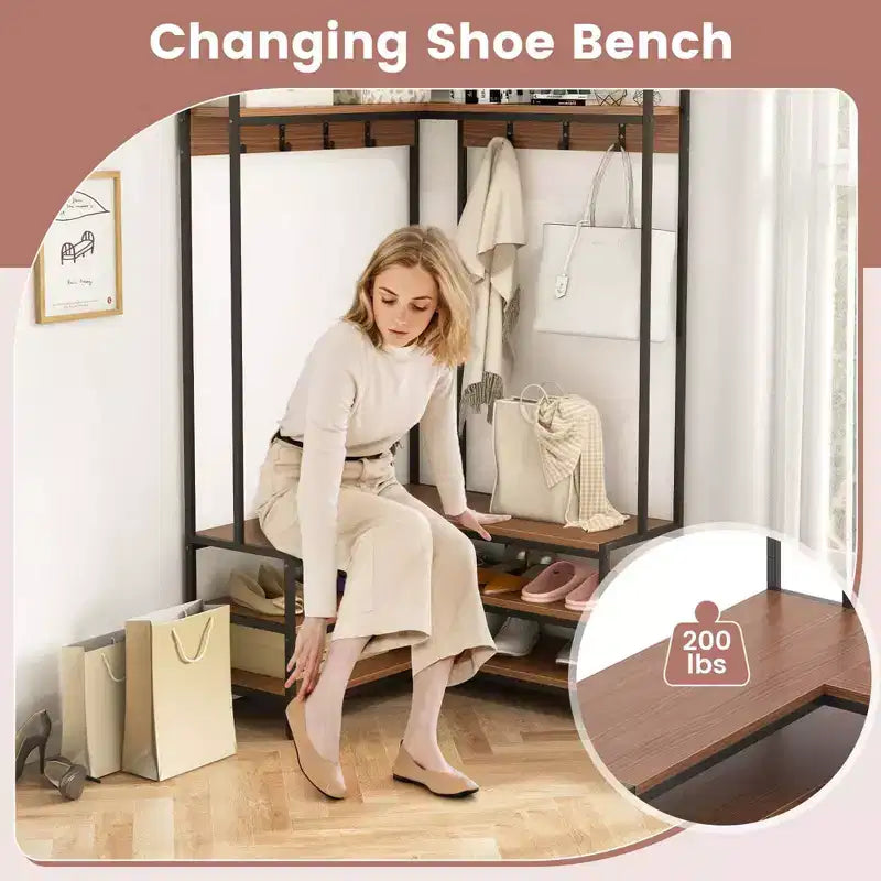 Costway Corner Garment Rack L-shaped Clothes Rack with Open Shelves & Adjustable Foot Pads Rustic Brown/Walnut/White