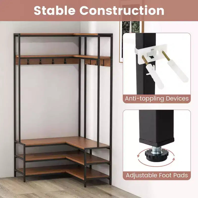 Costway Corner Garment Rack L-shaped Clothes Rack with Open Shelves & Adjustable Foot Pads Rustic Brown/Walnut/White