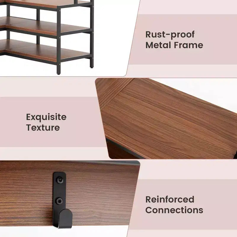Costway Corner Garment Rack L-shaped Clothes Rack with Open Shelves & Adjustable Foot Pads Rustic Brown/Walnut/White
