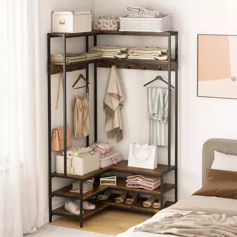 Costway Corner Garment Rack L-shaped Clothes Rack with Open Shelves & Adjustable Foot Pads Rustic Brown/Walnut/White