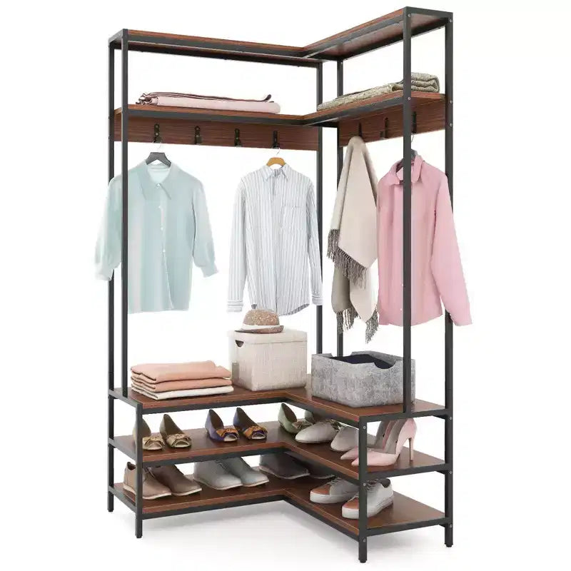 Costway Corner Garment Rack L-shaped Clothes Rack with Open Shelves & Adjustable Foot Pads Rustic Brown/Walnut/White