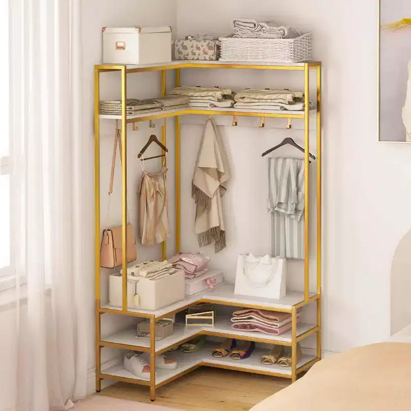 Costway Corner Garment Rack L-shaped Clothes Rack with Open Shelves & Adjustable Foot Pads Rustic Brown/Walnut/White