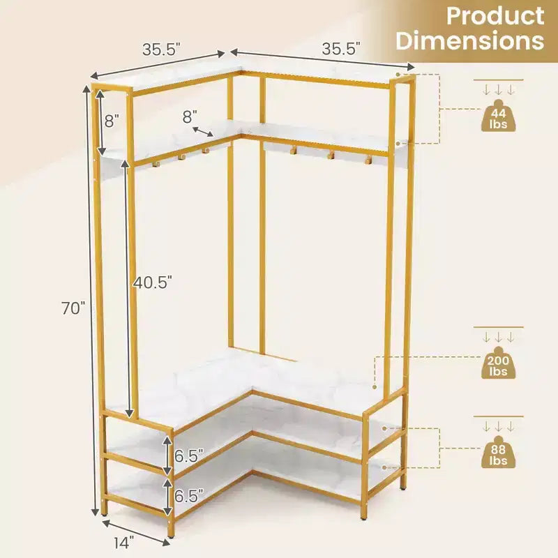 Costway Corner Garment Rack L-shaped Clothes Rack with Open Shelves & Adjustable Foot Pads Rustic Brown/Walnut/White