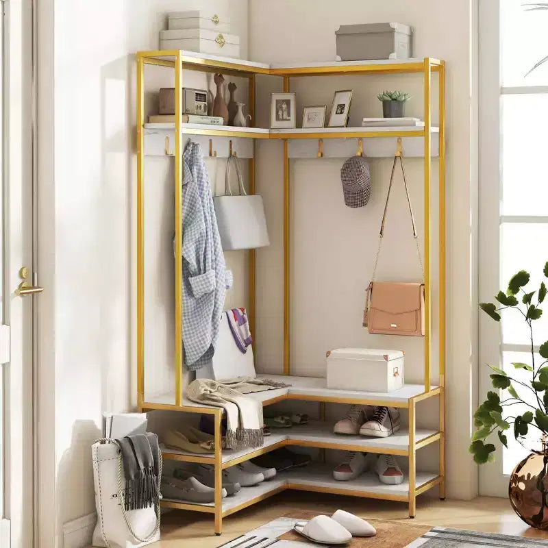 Costway Corner Garment Rack L-shaped Clothes Rack with Open Shelves & Adjustable Foot Pads Rustic Brown/Walnut/White