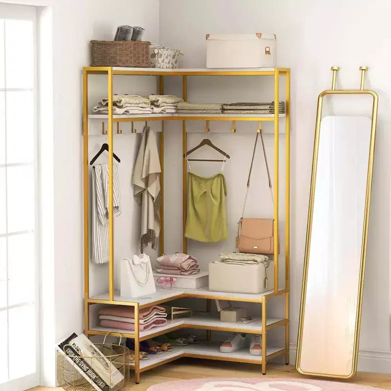 Costway Corner Garment Rack L-shaped Clothes Rack with Open Shelves & Adjustable Foot Pads Rustic Brown/Walnut/White
