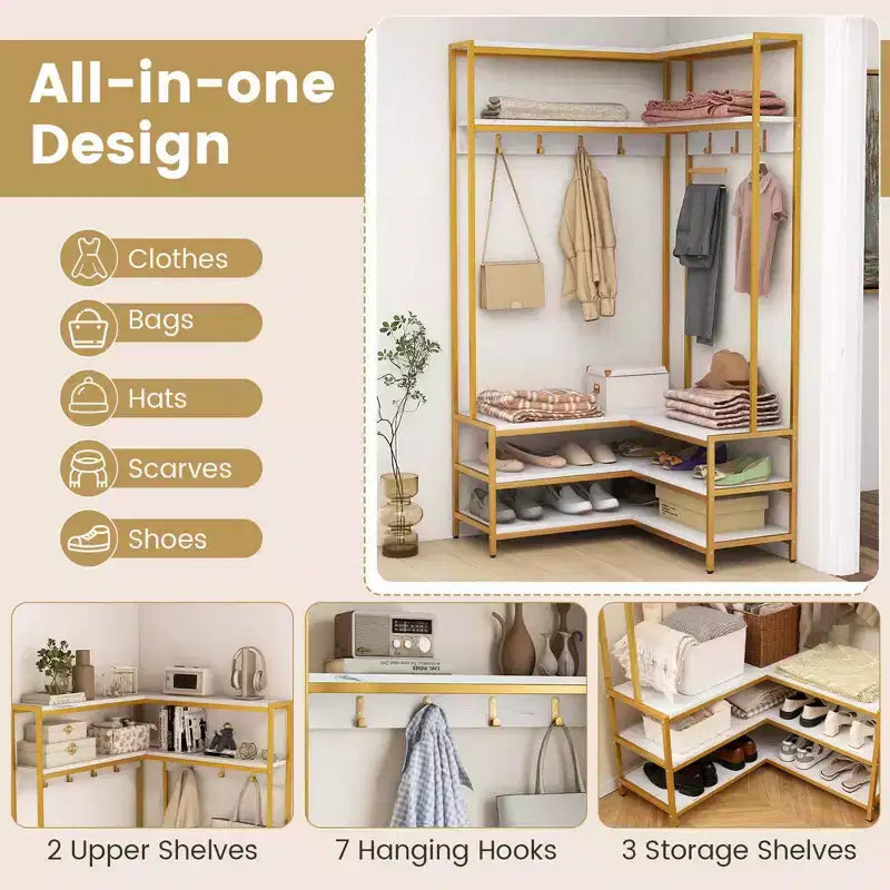 Costway Corner Garment Rack L-shaped Clothes Rack with Open Shelves & Adjustable Foot Pads Rustic Brown/Walnut/White