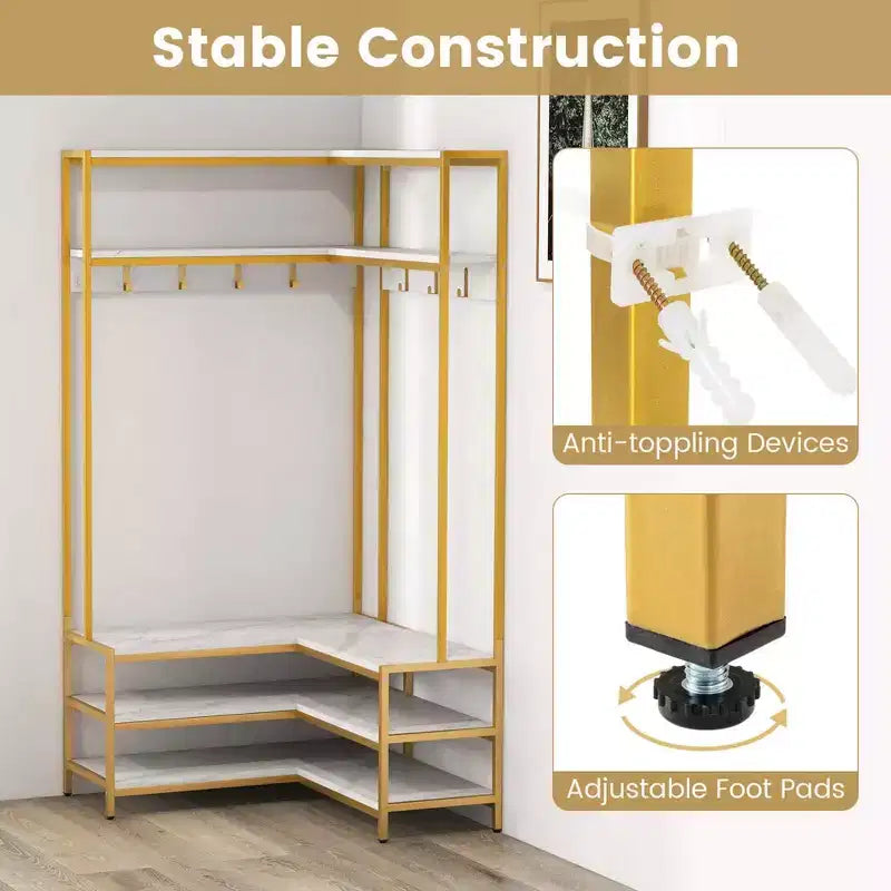 Costway Corner Garment Rack L-shaped Clothes Rack with Open Shelves & Adjustable Foot Pads Rustic Brown/Walnut/White