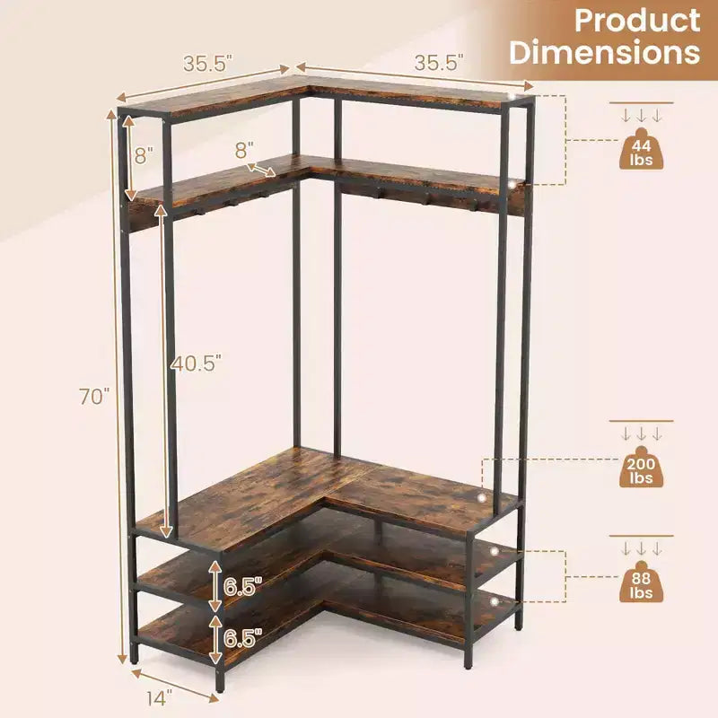 Costway Corner Garment Rack L-shaped Clothes Rack with Open Shelves & Adjustable Foot Pads Rustic Brown/Walnut/White