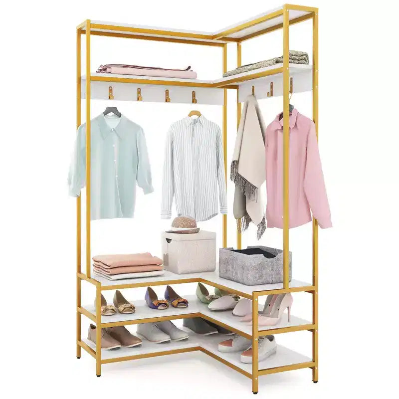 Costway Corner Garment Rack L-shaped Clothes Rack with Open Shelves & Adjustable Foot Pads Rustic Brown/Walnut/White