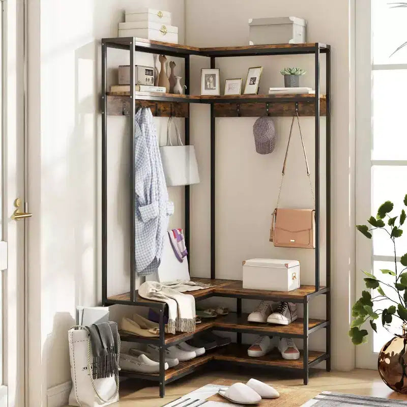 Costway Corner Garment Rack L-shaped Clothes Rack with Open Shelves & Adjustable Foot Pads Rustic Brown/Walnut/White