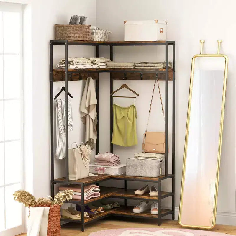 Costway Corner Garment Rack L-shaped Clothes Rack with Open Shelves & Adjustable Foot Pads Rustic Brown/Walnut/White