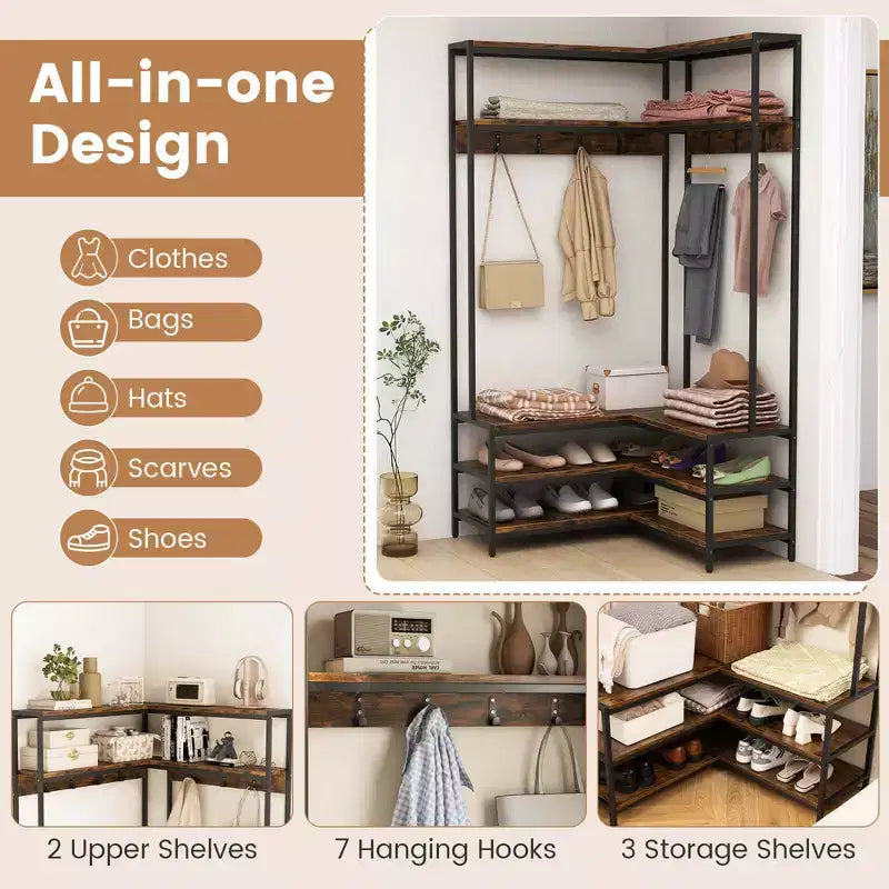 Costway Corner Garment Rack L-shaped Clothes Rack with Open Shelves & Adjustable Foot Pads Rustic Brown/Walnut/White