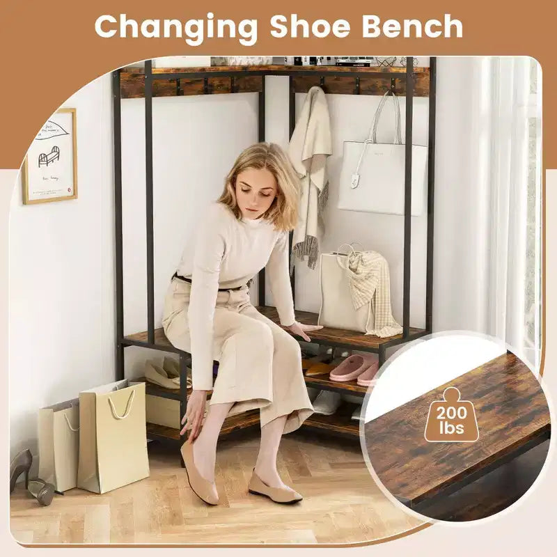 Costway Corner Garment Rack L-shaped Clothes Rack with Open Shelves & Adjustable Foot Pads Rustic Brown/Walnut/White