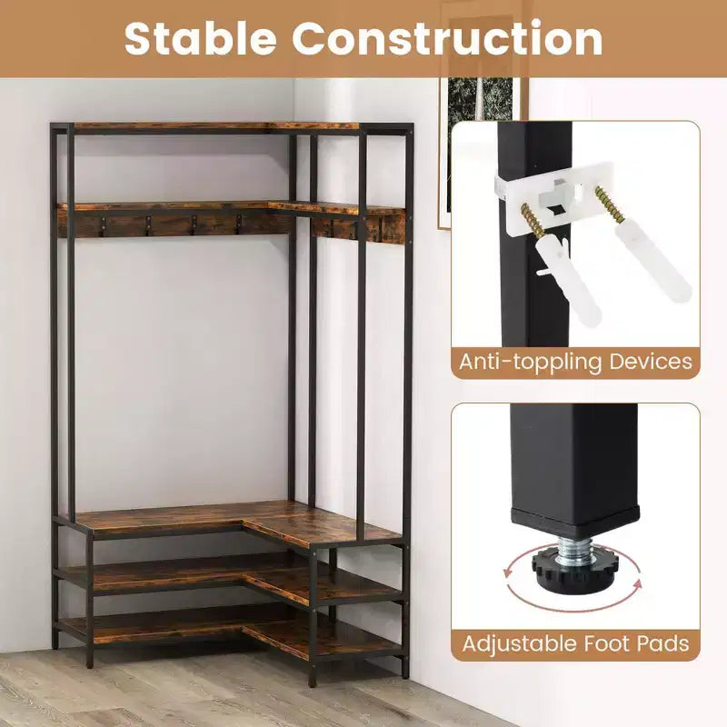 Costway Corner Garment Rack L-shaped Clothes Rack with Open Shelves & Adjustable Foot Pads Rustic Brown/Walnut/White