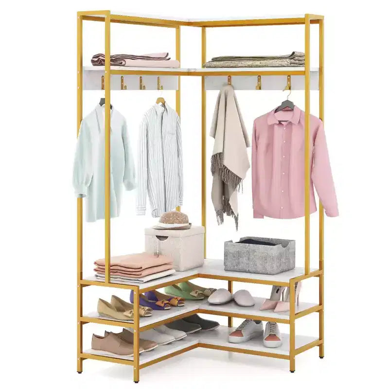 Costway Corner Garment Rack L-shaped Clothes Rack with Open Shelves & Adjustable Foot Pads Rustic Brown/Walnut/White