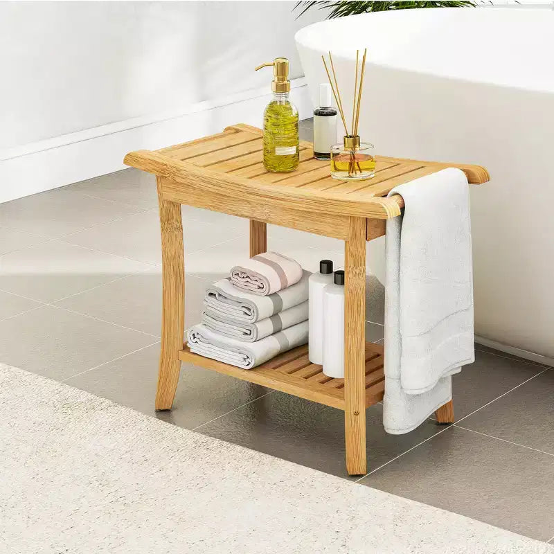 Bamboo Shower Bench with Storage Shelves 330lb Capacity Waterproof