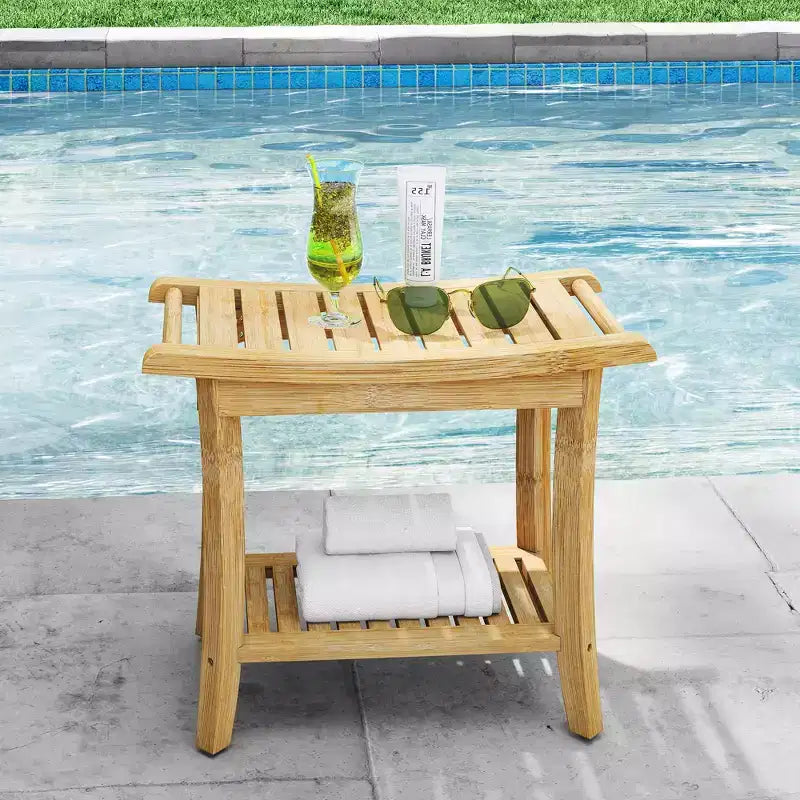 Bamboo Shower Bench with Storage Shelves 330lb Capacity Waterproof