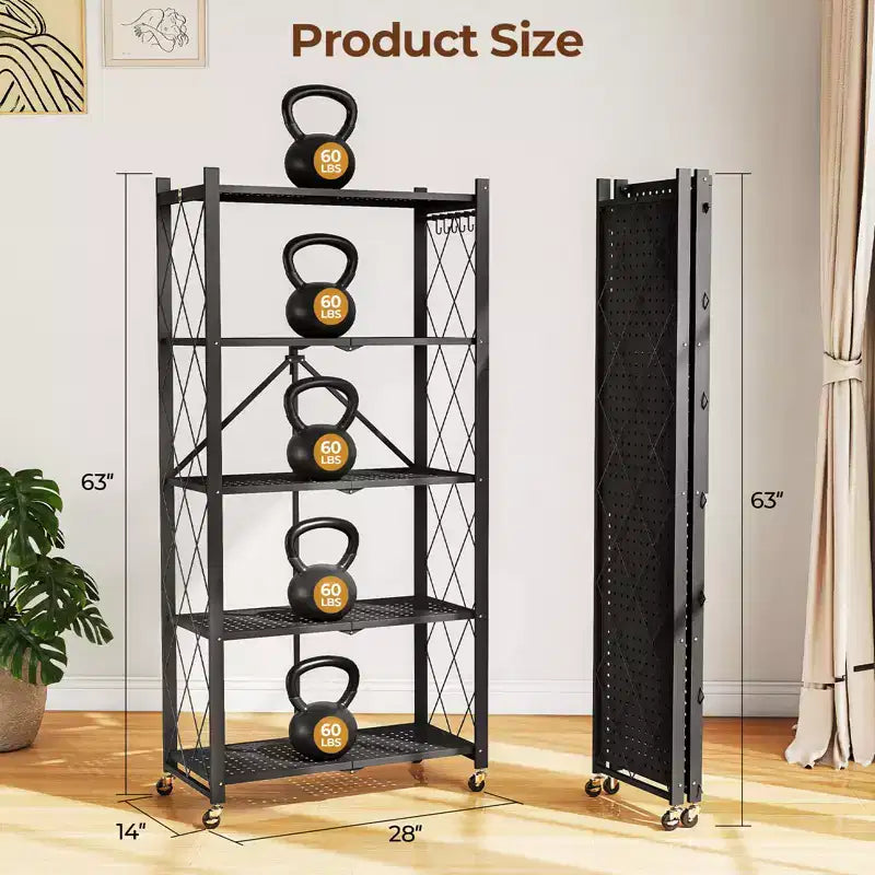 5-Tier Foldable Metal Storage Shelf with Lockable Wheels Heavy Duty Wire Organizer Rack Black