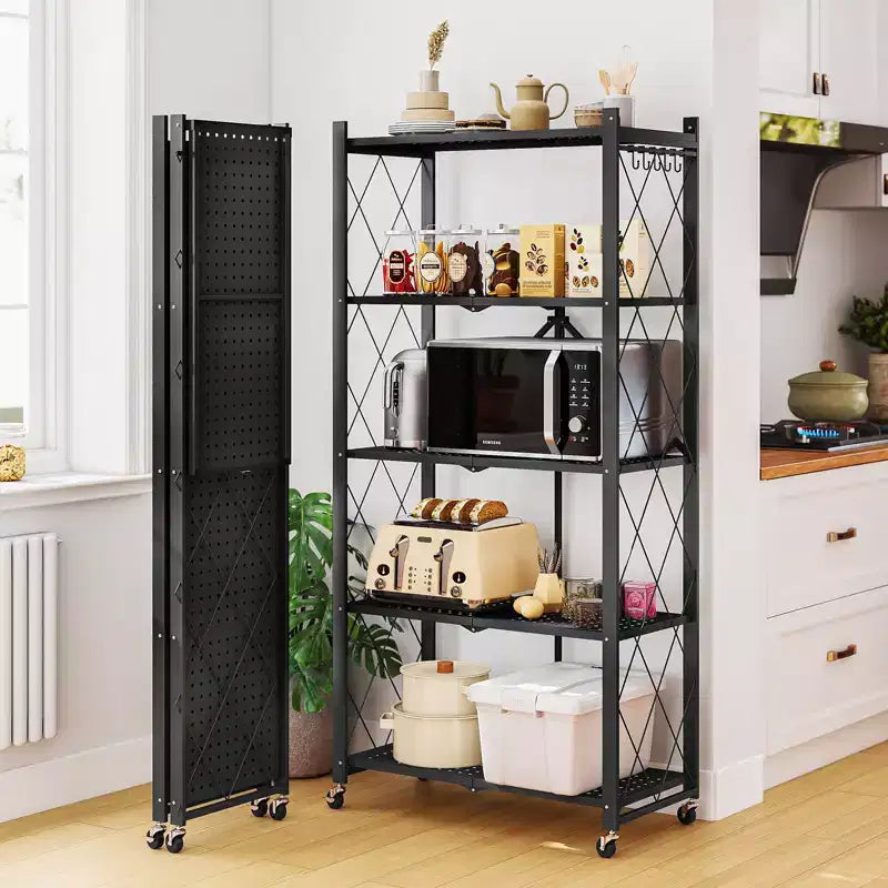 5-Tier Foldable Metal Storage Shelf with Lockable Wheels Heavy Duty Wire Organizer Rack Black