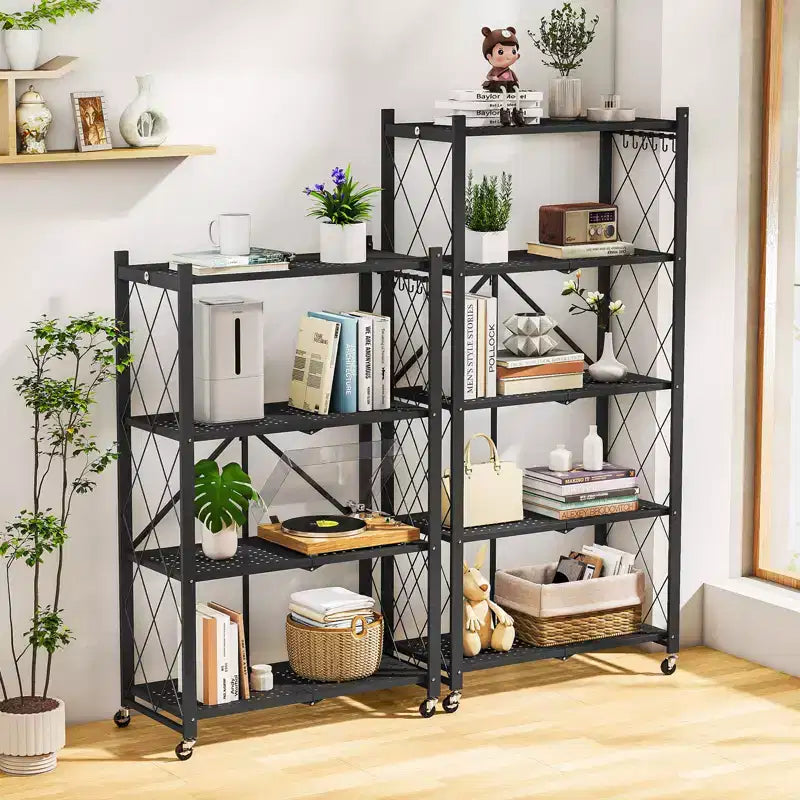 5-Tier Foldable Metal Storage Shelf with Lockable Wheels Heavy Duty Wire Organizer Rack Black