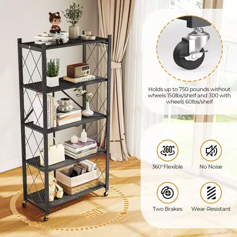 5-Tier Foldable Metal Storage Shelf with Lockable Wheels Heavy Duty Wire Organizer Rack Black