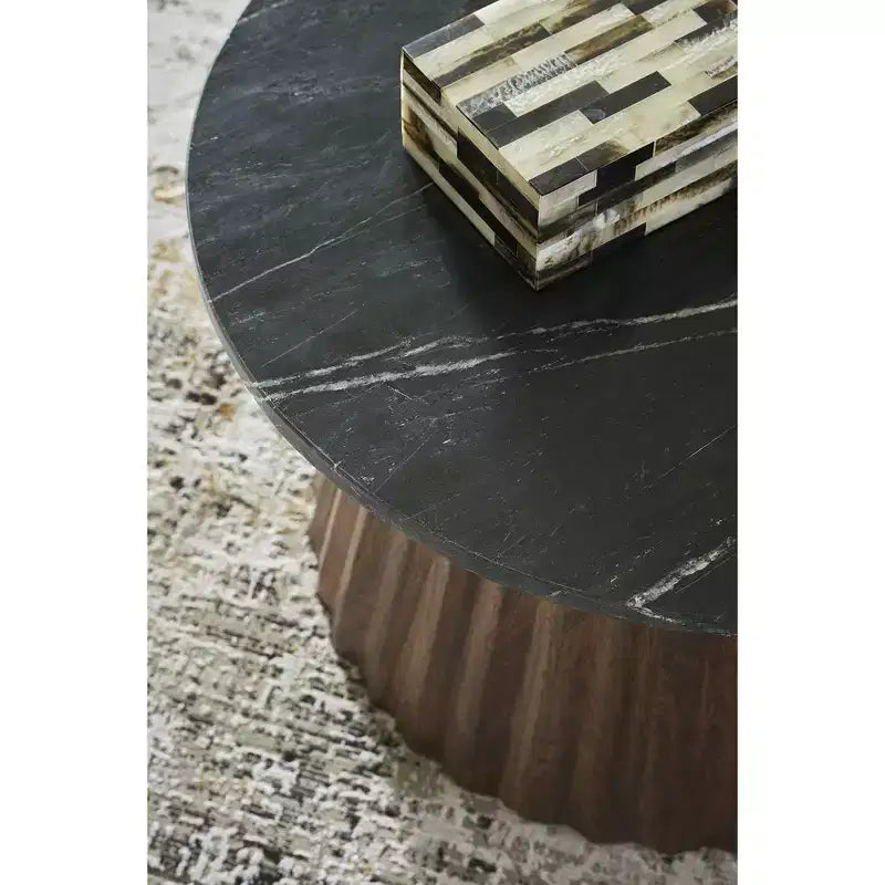 Signature Design by Ashley Ceilby Round Coffee Table with Marble Top, Black/Brown
