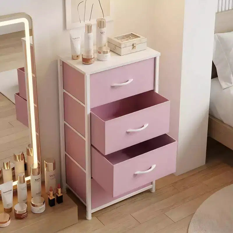 JIONJOY Commode en Tissu à 4 Tiroirs Plateau en Bois, Cadre en Acier, Rangement Large pour Chambre, Salon, Placard