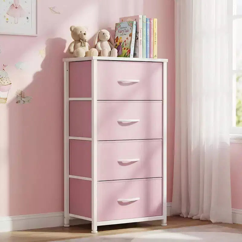 JIONJOY Commode en Tissu à 4 Tiroirs Plateau en Bois, Cadre en Acier, Rangement Large pour Chambre, Salon, Placard