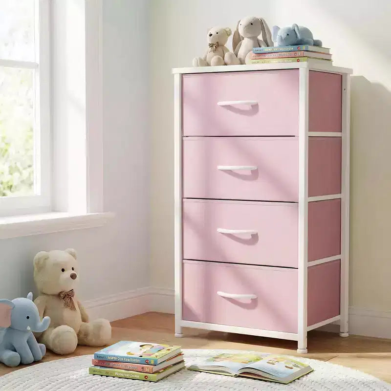 JIONJOY Commode en Tissu à 4 Tiroirs Plateau en Bois, Cadre en Acier, Rangement Large pour Chambre, Salon, Placard