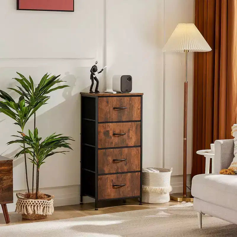 JIONJOY Commode en Tissu à 4 Tiroirs Plateau en Bois, Cadre en Acier, Rangement Large pour Chambre, Salon, Placard