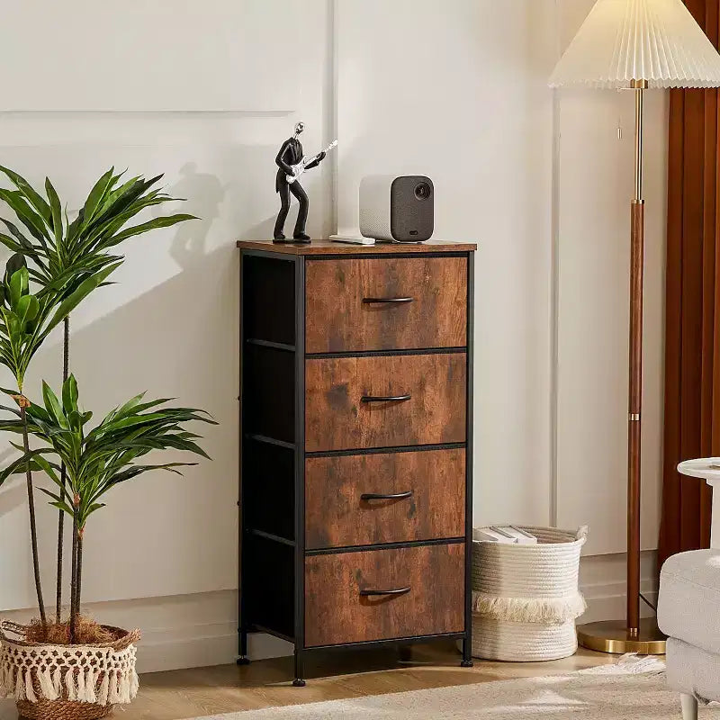 JIONJOY Commode en Tissu à 4 Tiroirs Plateau en Bois, Cadre en Acier, Rangement Large pour Chambre, Salon, Placard