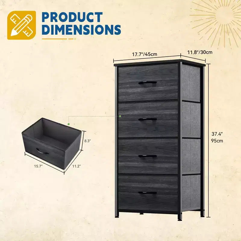 JIONJOY Commode en Tissu à 4 Tiroirs Plateau en Bois, Cadre en Acier, Rangement Large pour Chambre, Salon, Placard