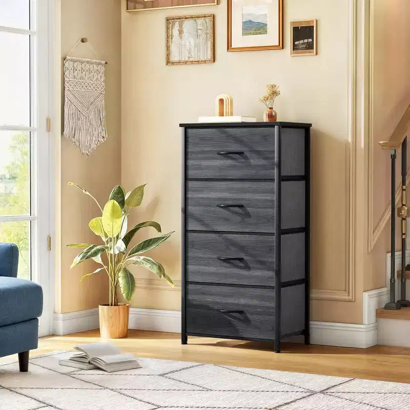 JIONJOY Commode en Tissu à 4 Tiroirs Plateau en Bois, Cadre en Acier, Rangement Large pour Chambre, Salon, Placard