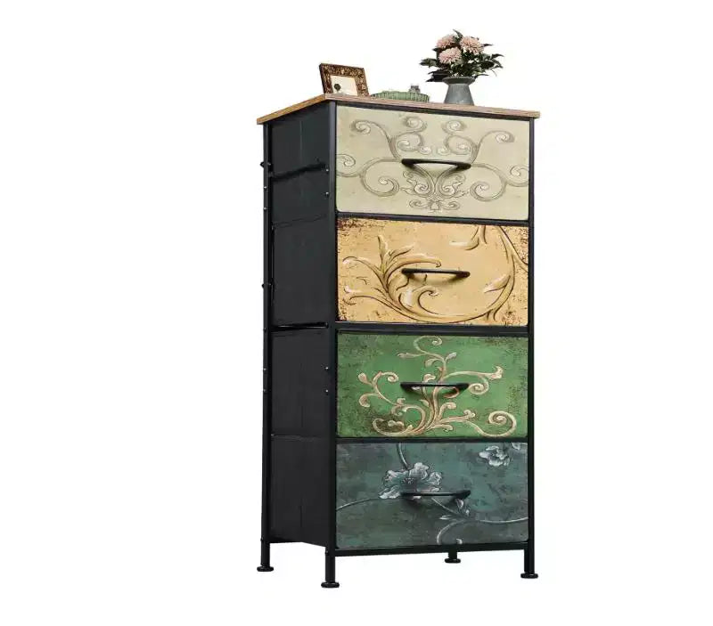 JIONJOY Commode en Tissu à 4 Tiroirs Plateau en Bois, Cadre en Acier, Rangement Large pour Chambre, Salon, Placard