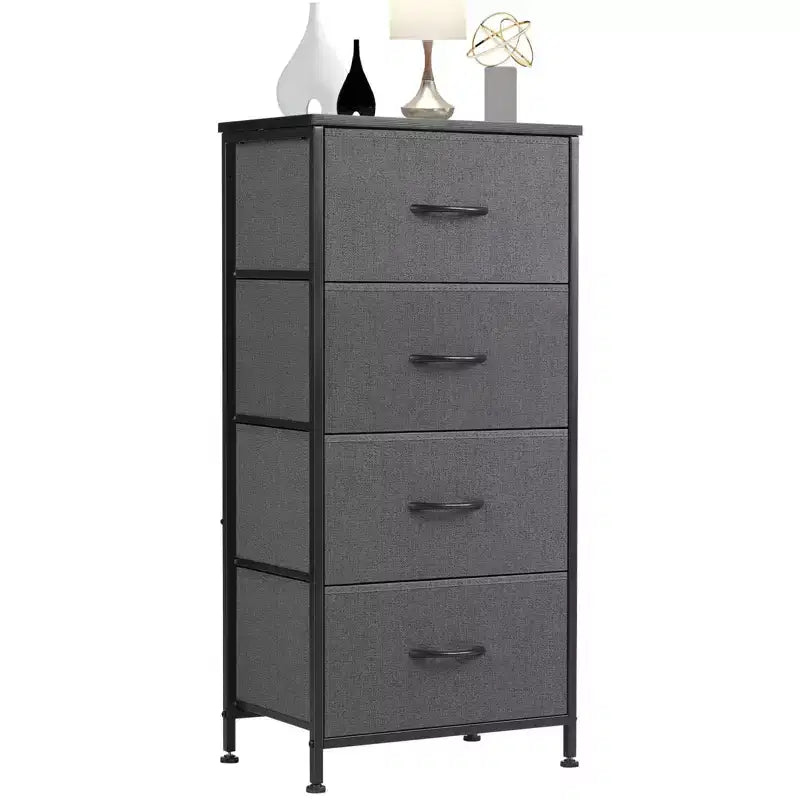 JIONJOY Commode en Tissu à 4 Tiroirs Plateau en Bois, Cadre en Acier, Rangement Large pour Chambre, Salon, Placard