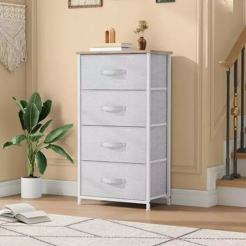 JIONJOY Commode en Tissu à 4 Tiroirs Plateau en Bois, Cadre en Acier, Rangement Large pour Chambre, Salon, Placard
