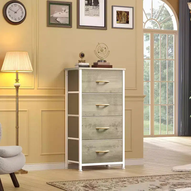 JIONJOY Commode en Tissu à 4 Tiroirs Plateau en Bois, Cadre en Acier, Rangement Large pour Chambre, Salon, Placard