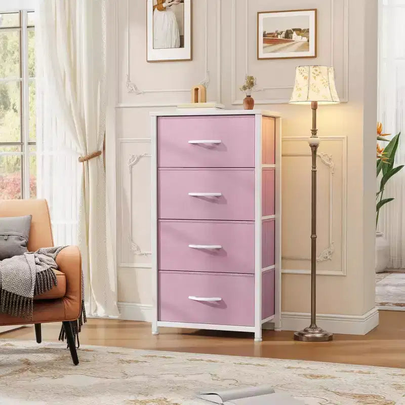 JIONJOY Commode en Tissu à 4 Tiroirs Plateau en Bois, Cadre en Acier, Rangement Large pour Chambre, Salon, Placard