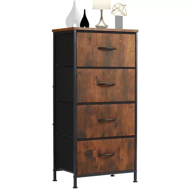 JIONJOY Commode en Tissu à 4 Tiroirs Plateau en Bois, Cadre en Acier, Rangement Large pour Chambre, Salon, Placard