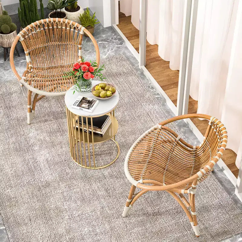 Rattan End Table with Bamboo Frame Tempered Glass Top Z-Shaped Storage Shelf Natural