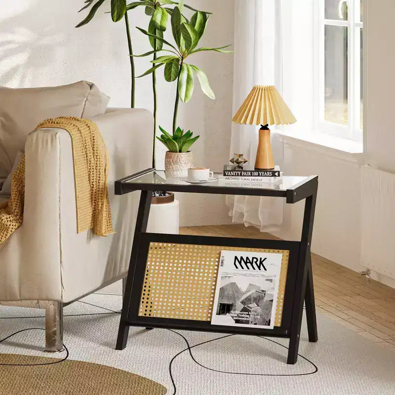 Rattan End Table with Bamboo Frame Tempered Glass Top Z-Shaped Storage Shelf Natural