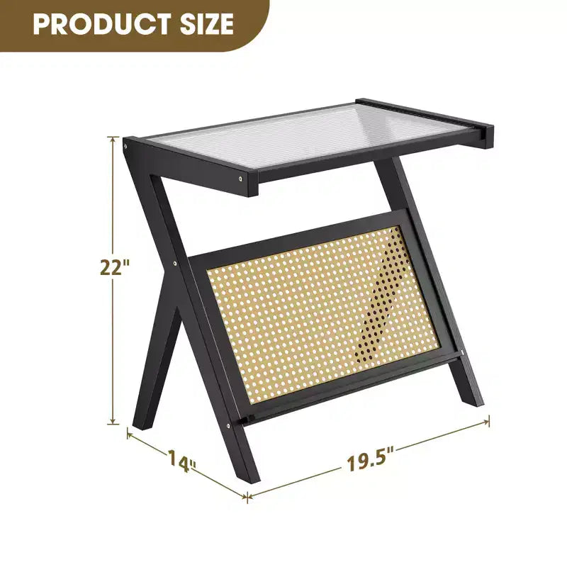 Rattan End Table with Bamboo Frame Tempered Glass Top Z-Shaped Storage Shelf Natural