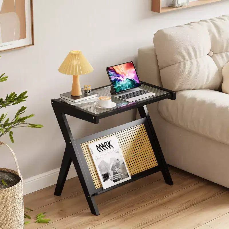 Rattan End Table with Bamboo Frame Tempered Glass Top Z-Shaped Storage Shelf Natural