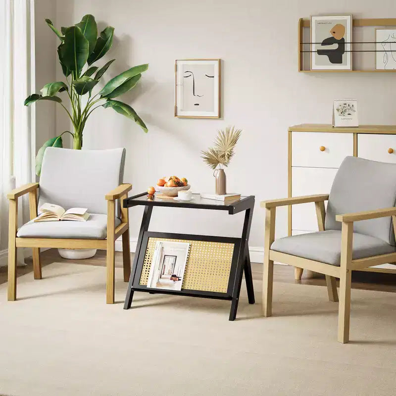 Rattan End Table with Bamboo Frame Tempered Glass Top Z-Shaped Storage Shelf Natural
