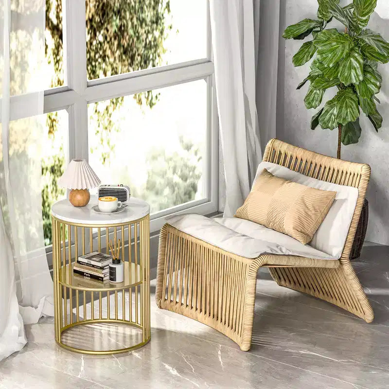 Rattan End Table with Bamboo Frame Tempered Glass Top Z-Shaped Storage Shelf Natural