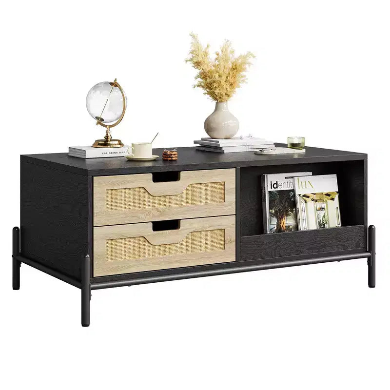 WhizMax Rattan Coffee Table with LED Lights, Mid Century Modern Coffee Table with 4 Drawers and Open Storage Shelf, Wooden Living Room Coffee Table