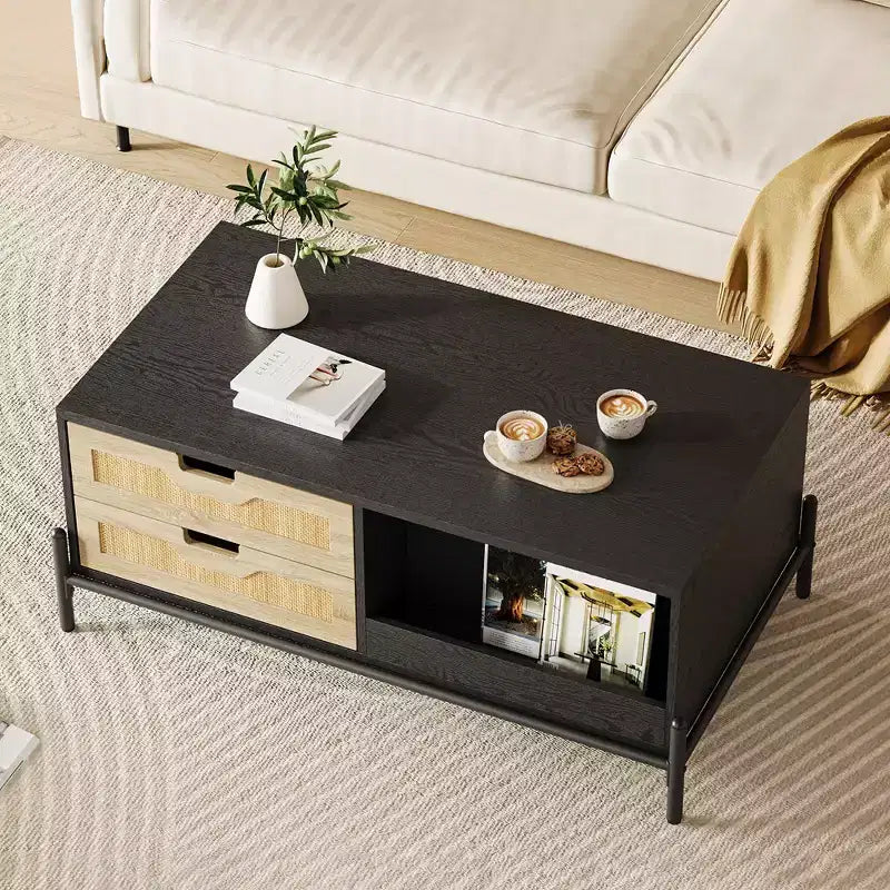 WhizMax Rattan Coffee Table with LED Lights, Mid Century Modern Coffee Table with 4 Drawers and Open Storage Shelf, Wooden Living Room Coffee Table