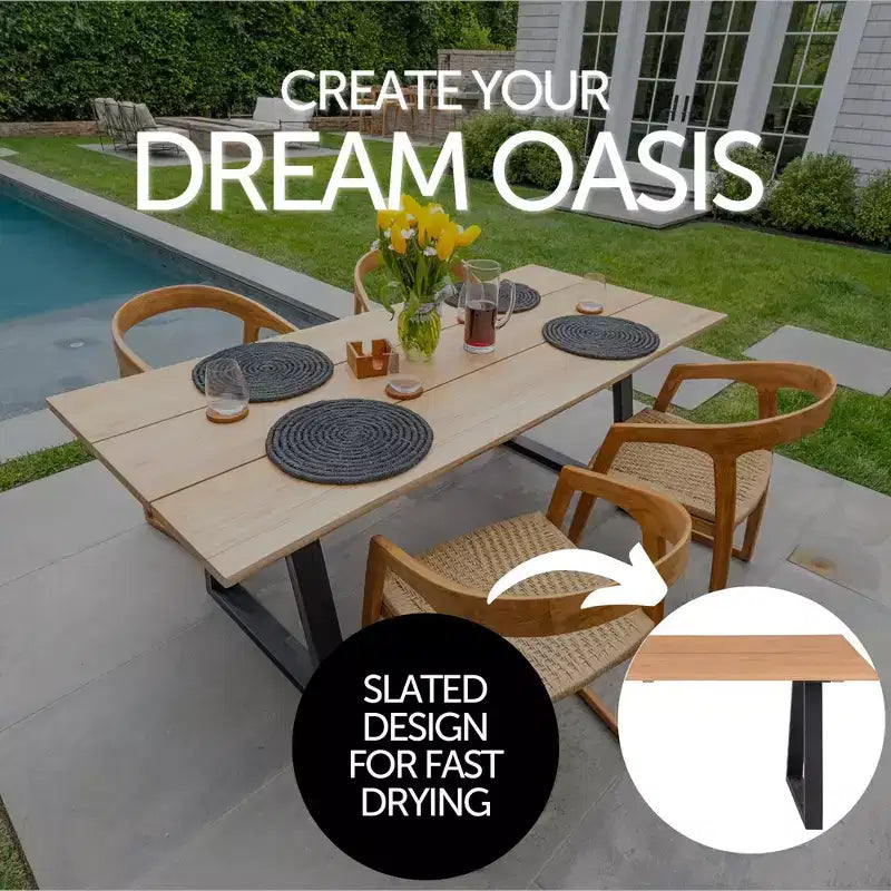 Nordic Teak 79 Natural 4-6 Person Indoor or Outdoor Dining Table - Beige w/ Black Legs