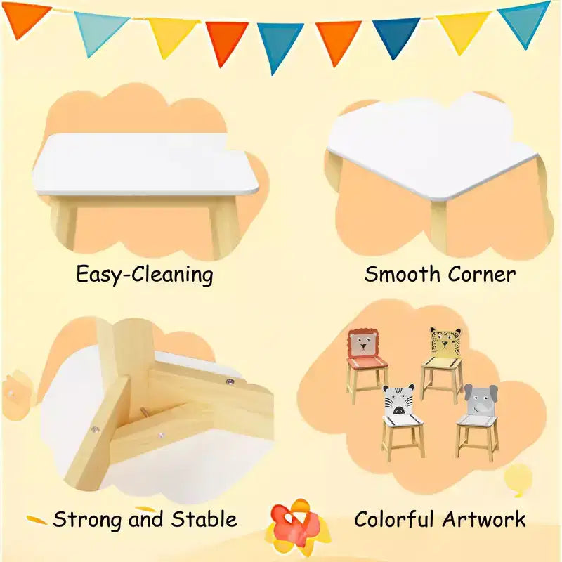 5pcs Kiddy Dining Table Sets, Kids Wood Table with 4 Cartoon Animals Chairs Set 4S - ModernLuxe